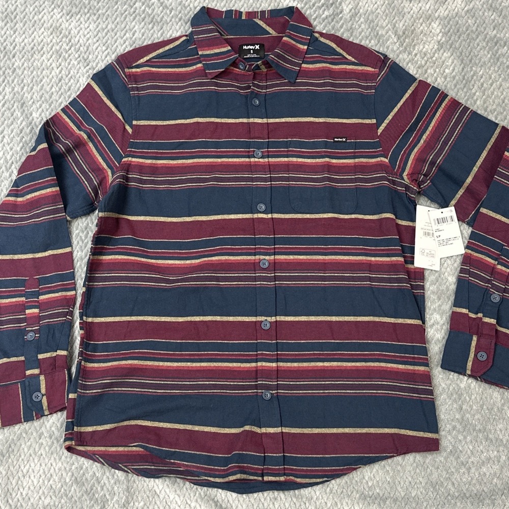 Hurley Shirt Mens Small Organic Portland Flannel Striped‎ Button Up Blue NWT